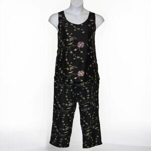 Vintage Y2K Silkland Silk Embroidered Set Black Floral Tank Capri Pants Sz L 12